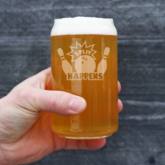 SPLIT HAPPENS - BEER CAN PINT GLASS - FUNNY BOWLING THEMED GIFTS AND DECOR FOR BOWLERS - 16 OZ GLASS