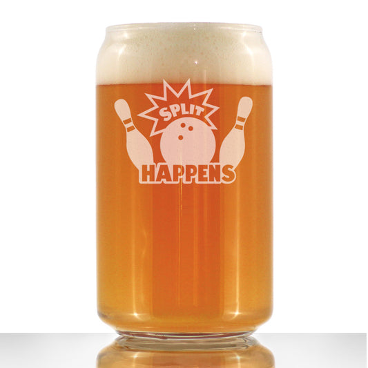 SPLIT HAPPENS - BEER CAN PINT GLASS - FUNNY BOWLING THEMED GIFTS AND DECOR FOR BOWLERS - 16 OZ GLASS