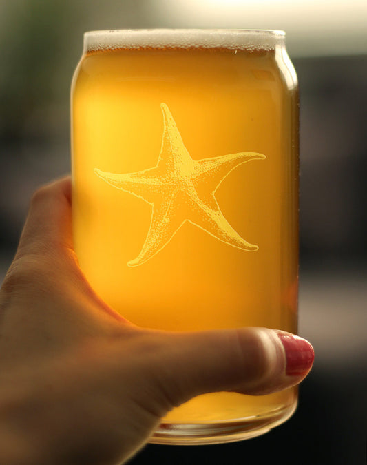 STARFISH BEER CAN PINT GLASS - BEACH THEMED DECOR AND DECORATIVE OCEAN GLASSWARE GIFTS FOR WOMEN AND MEN - 16 OZ GLASSES