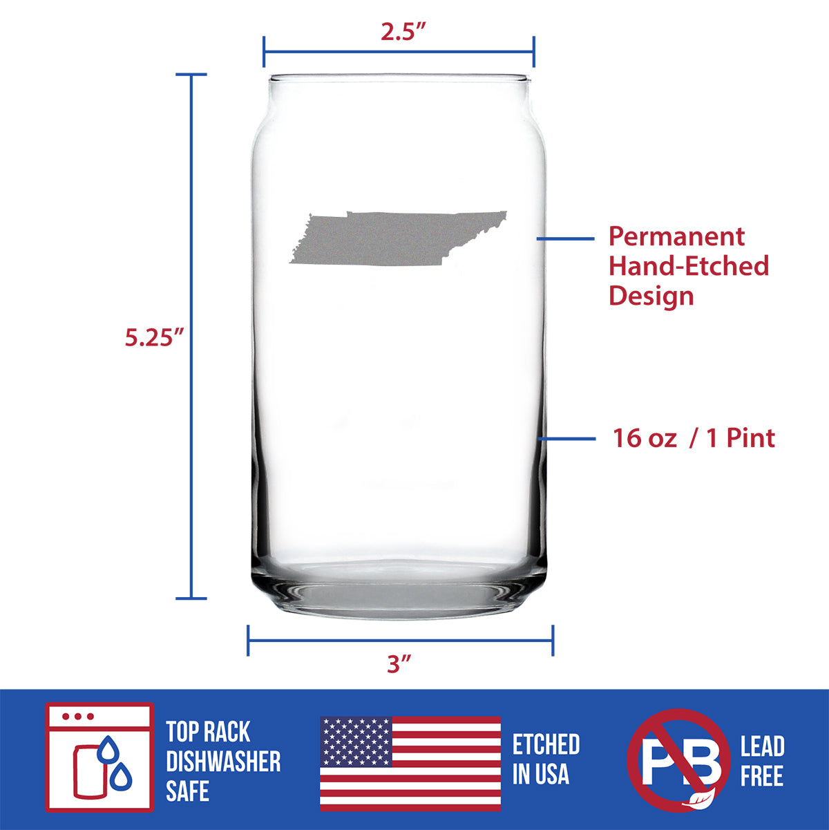 TENNESSEE STATE OUTLINE BEER CAN PINT GLASS - STATE THEMED DRINKING DECOR AND GIFTS FOR TENNESSEAN WOMEN & MEN - 16 OZ GLASSES