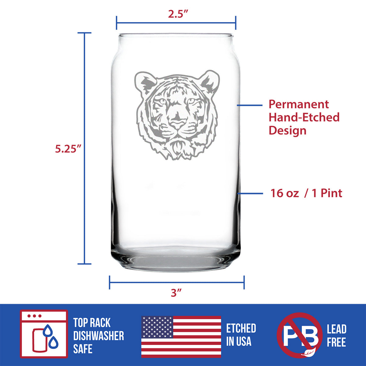 TIGER FACE BEER CAN PINT GLASS - UNIQUE TIGER THEMED DECOR AND GIFTS FOR ANIMAL LOVERS - 16 OZ GLASSES