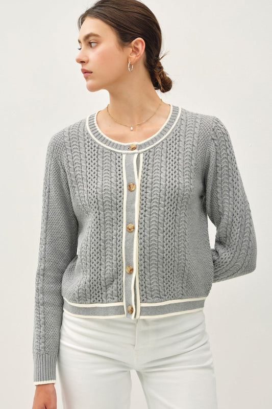 BE COOL CABLE KNIT LONG SLEEVE CONTRAST EDGE CARDIGAN-Thriftique Marketplace