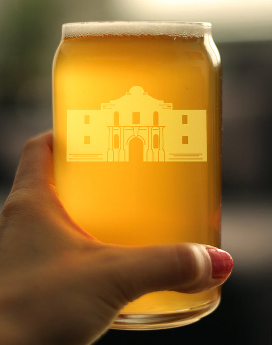 THE ALAMO BEER CAN PINT GLASS - STATE OF TEXAS GIFTS AND SOUVENIRS FOR TEXANS - 16 OZ GLASSES