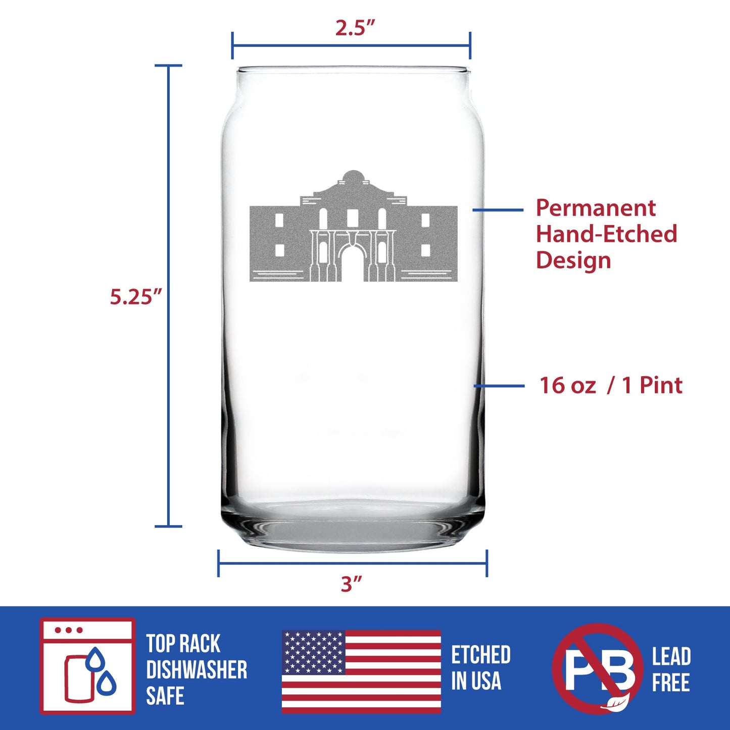 THE ALAMO BEER CAN PINT GLASS - STATE OF TEXAS GIFTS AND SOUVENIRS FOR TEXANS - 16 OZ GLASSES