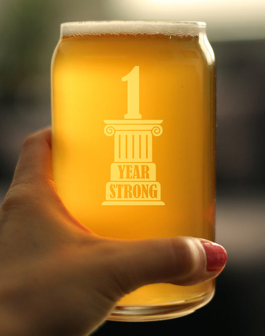 1 YEAR STRONG ENGRAVED BEER CAN GLASS GIFTS 1ST ANNIVERSARY PARTY DECOR BEER CAN SHAPED PINT GLASS - 16OZ