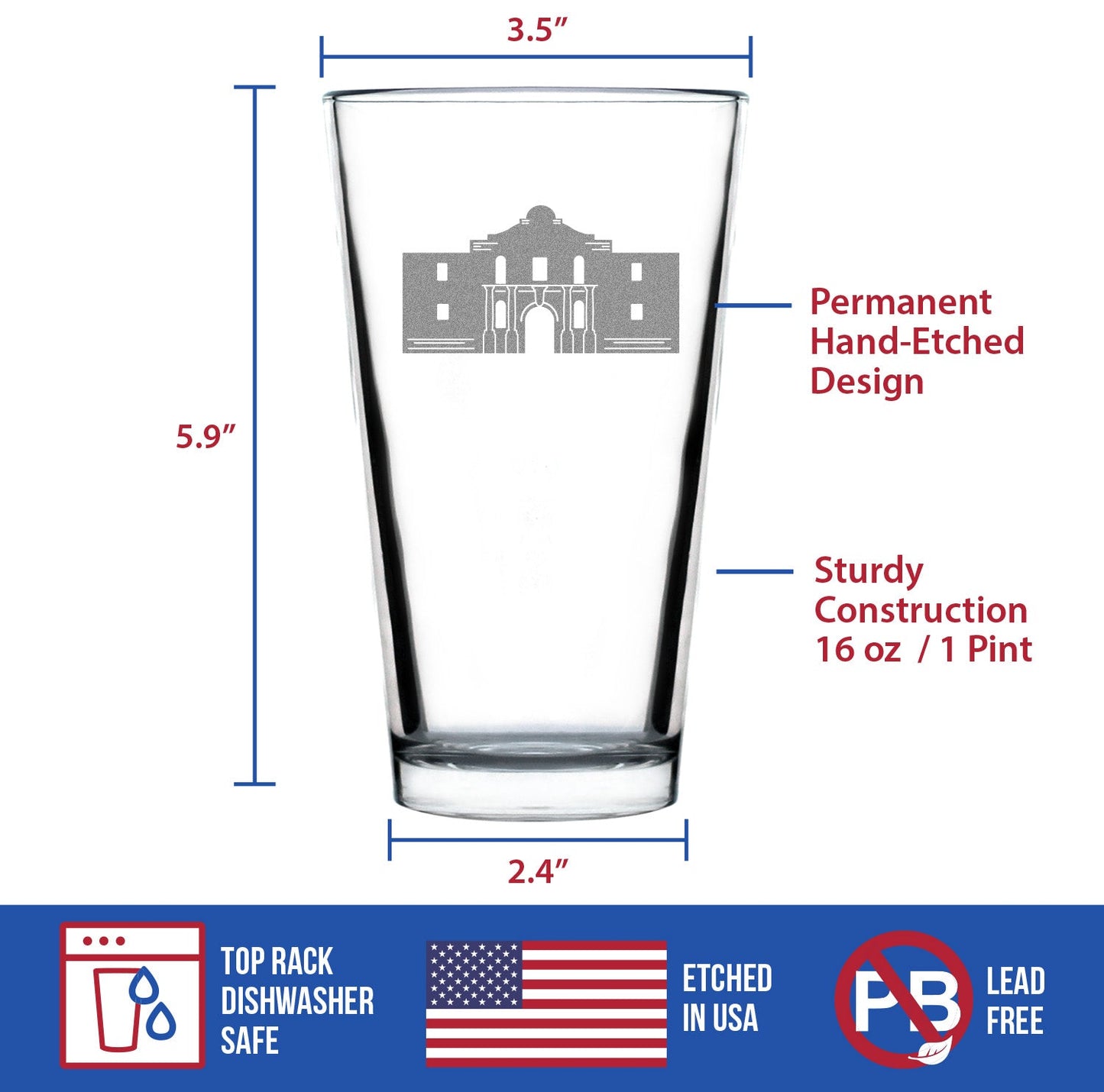THE ALAMO PINT GLASS FOR BEER - STATE OF TEXAS GIFTS AND SOUVENIRS FOR TEXANS - 16 OZ GLASSES