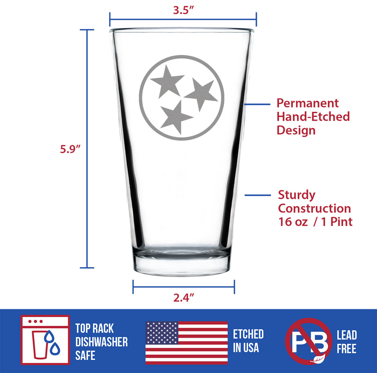 TENNESSEE FLAG PINT GLASS FOR BEER - STATE THEMED DRINKING DECOR AND GIFTS FOR TENNESSEAN WOMEN & MEN - 16 OZ GLASSES