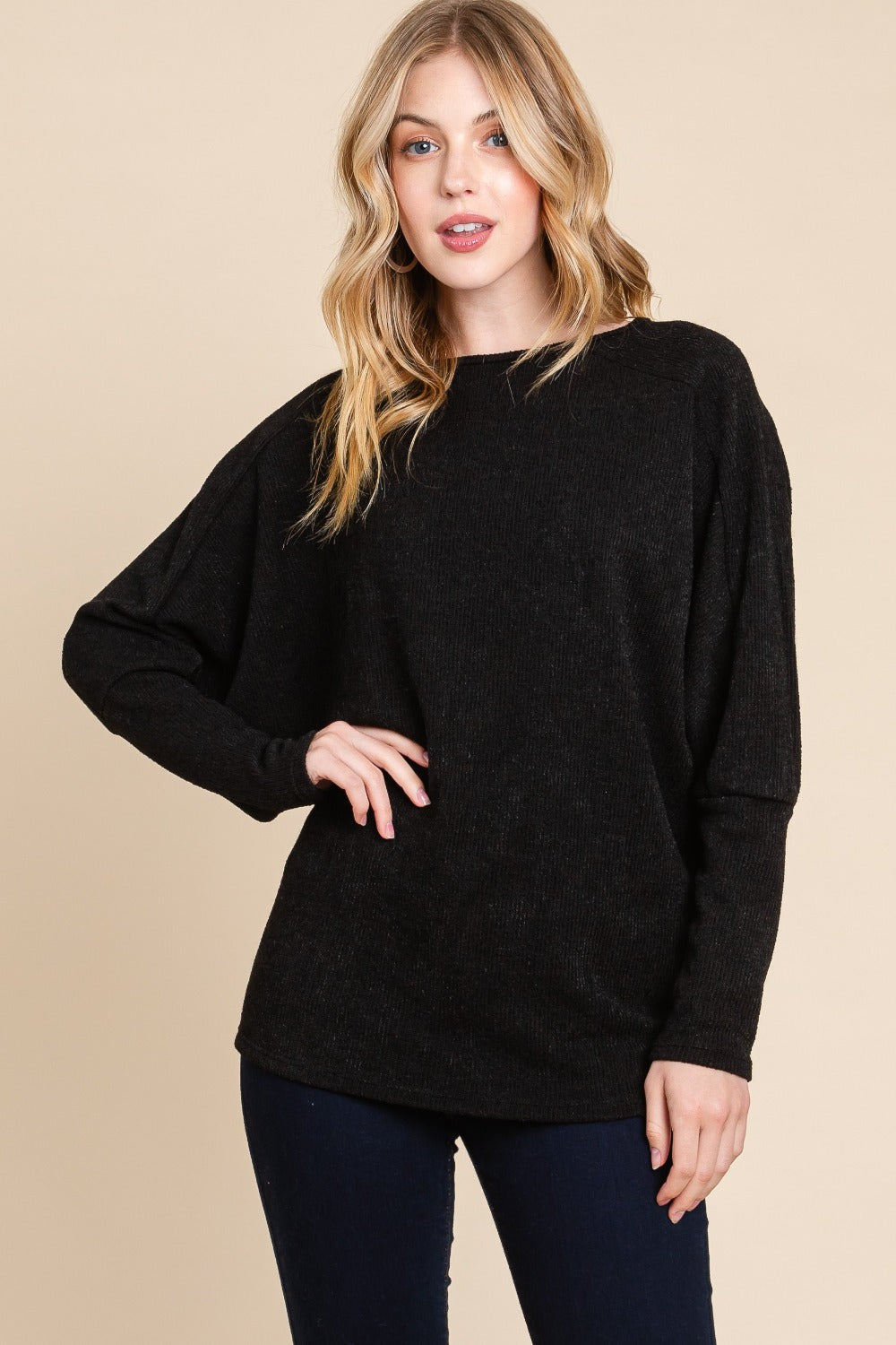 BOMBOM DROP SHOULDER LONG SLEEVE KNIT TOP-Thriftique Marketplace