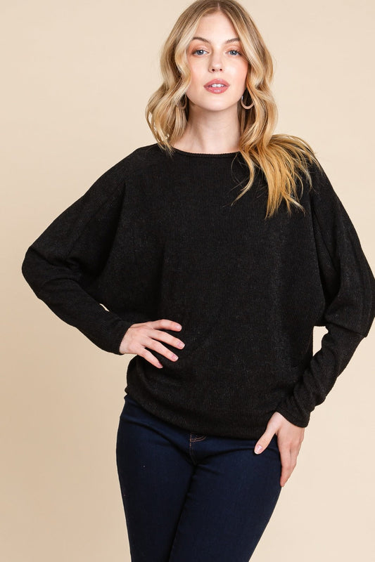 BOMBOM DROP SHOULDER LONG SLEEVE KNIT TOP-Thriftique Marketplace