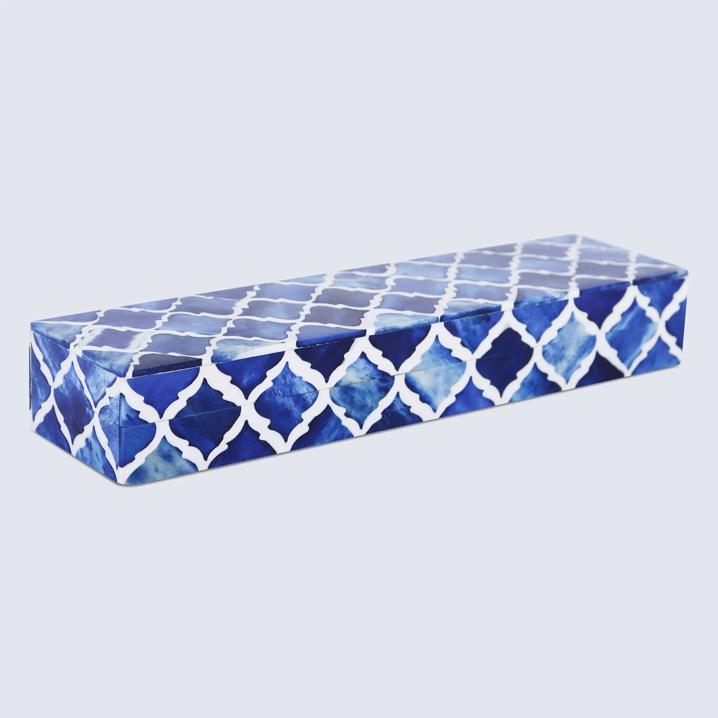 MOROCCAN BONE & RESIN INLAY DECORATIVE STORAGE BOX IN 7 SIZES, BLUE & WHITE