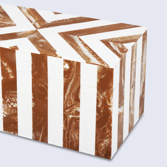 DECORATIVE BOXES CHEVRON PATTERN RESIN INLAY COLLECTION IN 10X5X5 INCHES, BROWN & WHITE