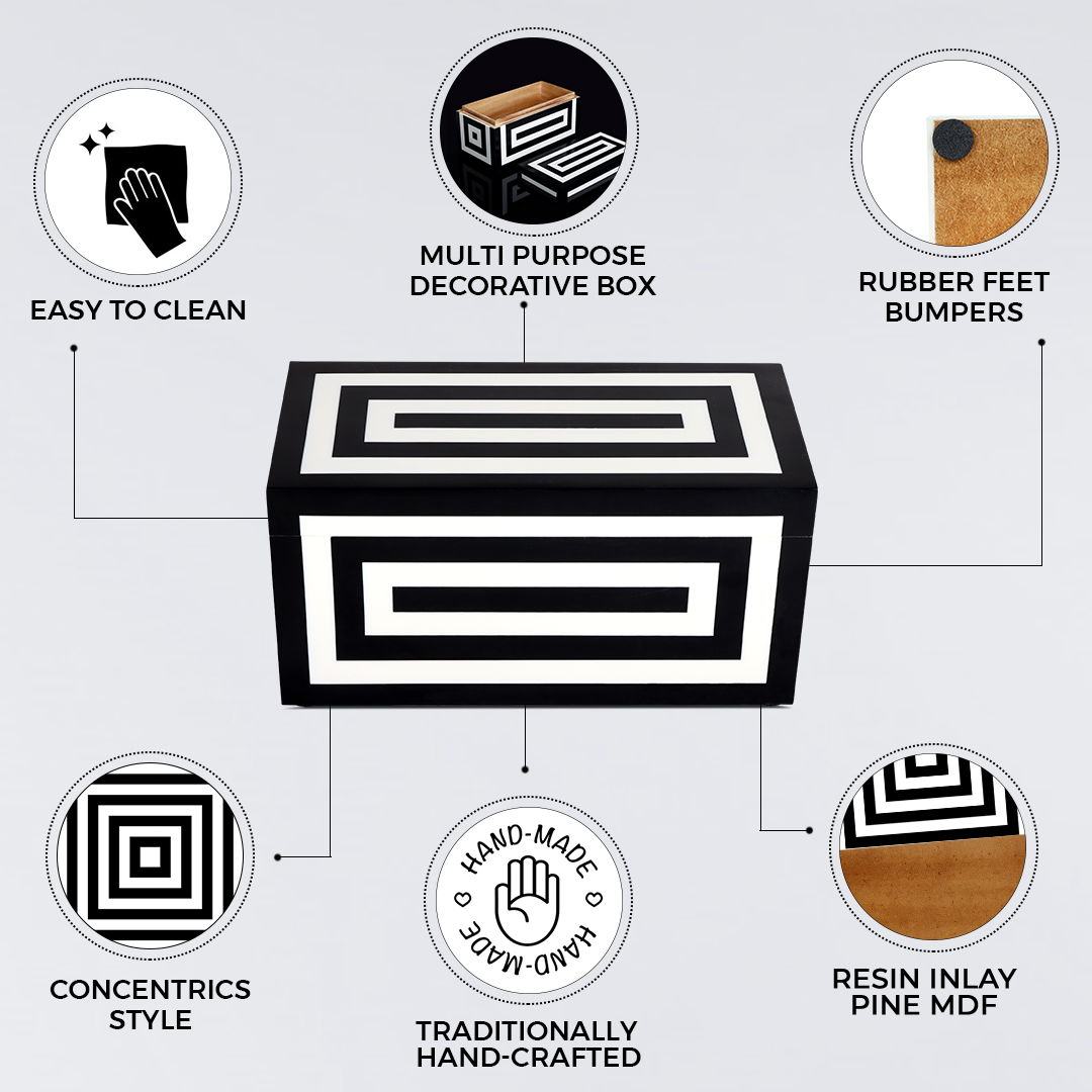 DECORATIVE STORAGE BOX MEDLEY CONCENTRICS RESIN INLAY IN 8 SIZES, BLACK & WHITE