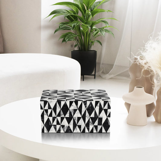 DECORATIVE STORAGE BOX MEDLEY HARLEQUIN RESIN INLAY IN 7 SIZES, BLACK & WHITE