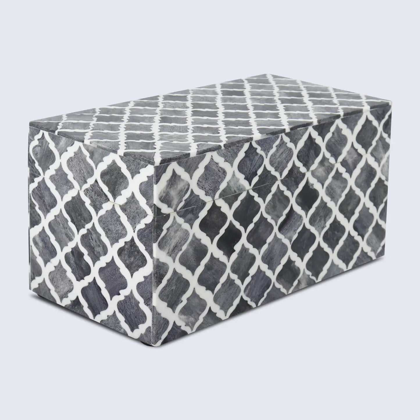 MOROCCAN BONE & RESIN INLAY DECORATIVE STORAGE BOX IN 7 SIZES, GREY & WHITE