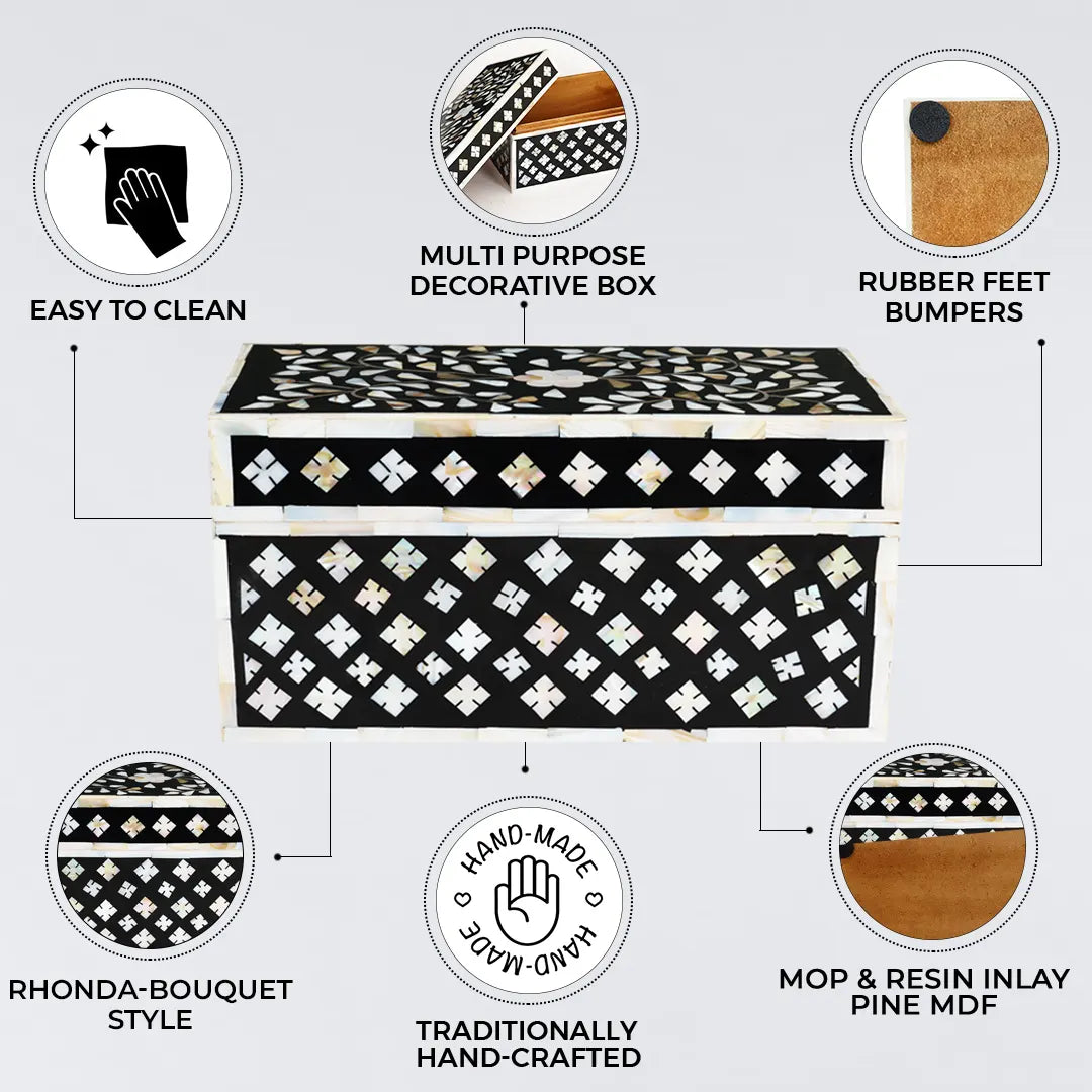 DECORATIVE STORAGE BOX RHONDA BOUQUET MOTHER OF PEARL & RESIN INLAY IN 10 X 5 X 5 INCH