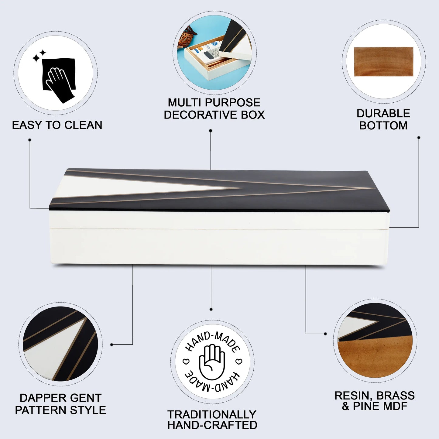 DECORATIVE STORAGE BOX KEPT DAPPER GENT RESIN INLAY & BRASS IN 7 SIZES, BLACK & WHITE