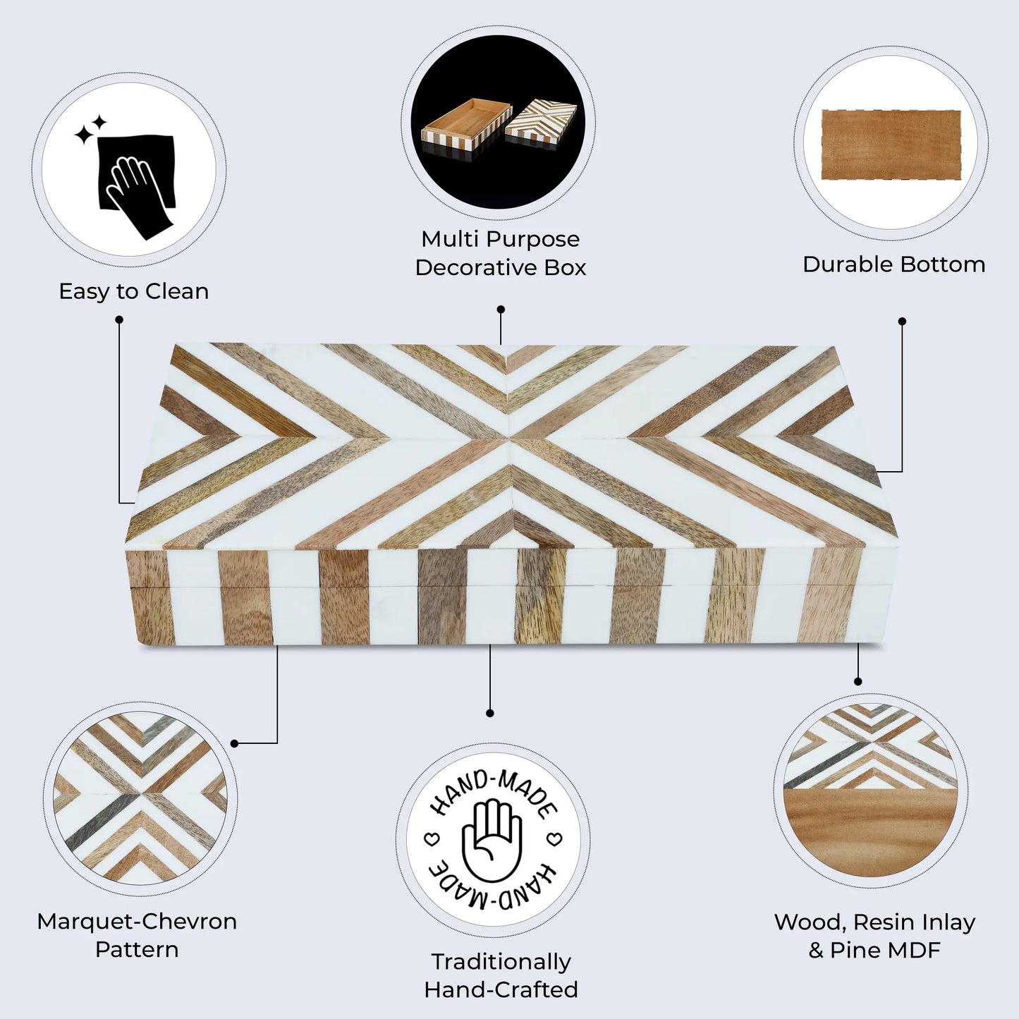 MARQUET CHEVRON RESIN & WOOD INLAY DECORATIVE STORAGE BOX - 8 SIZES