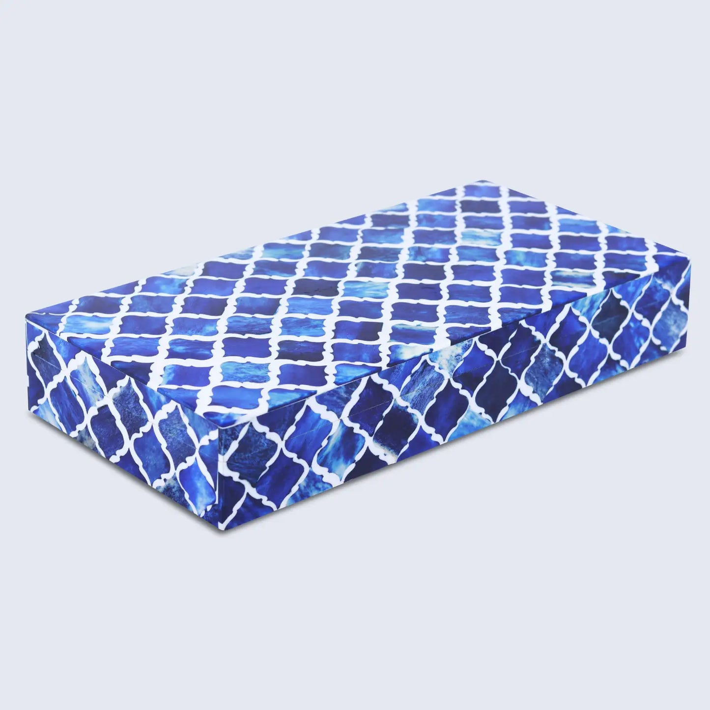 MOROCCAN BONE & RESIN INLAY DECORATIVE STORAGE BOX IN 7 SIZES, BLUE & WHITE