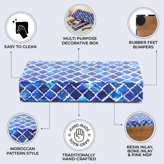 MOROCCAN BONE & RESIN INLAY DECORATIVE STORAGE BOX IN 7 SIZES, BLUE & WHITE