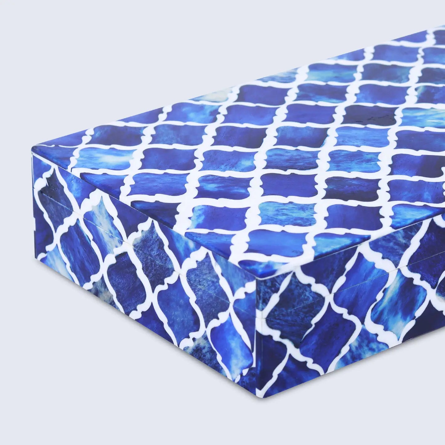 MOROCCAN BONE & RESIN INLAY DECORATIVE STORAGE BOX IN 7 SIZES, BLUE & WHITE