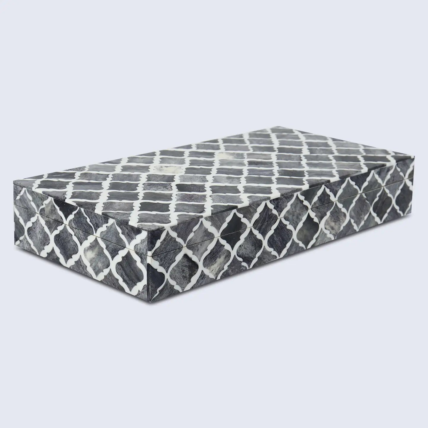 MOROCCAN BONE & RESIN INLAY DECORATIVE STORAGE BOX IN 7 SIZES, GREY & WHITE