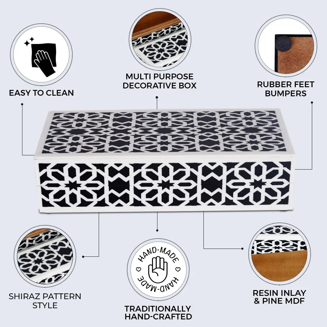 DECORATIVE STORAGE BOX SHIRAZ RESIN INLAY IN 7 SIZES, BLACK & WHITE