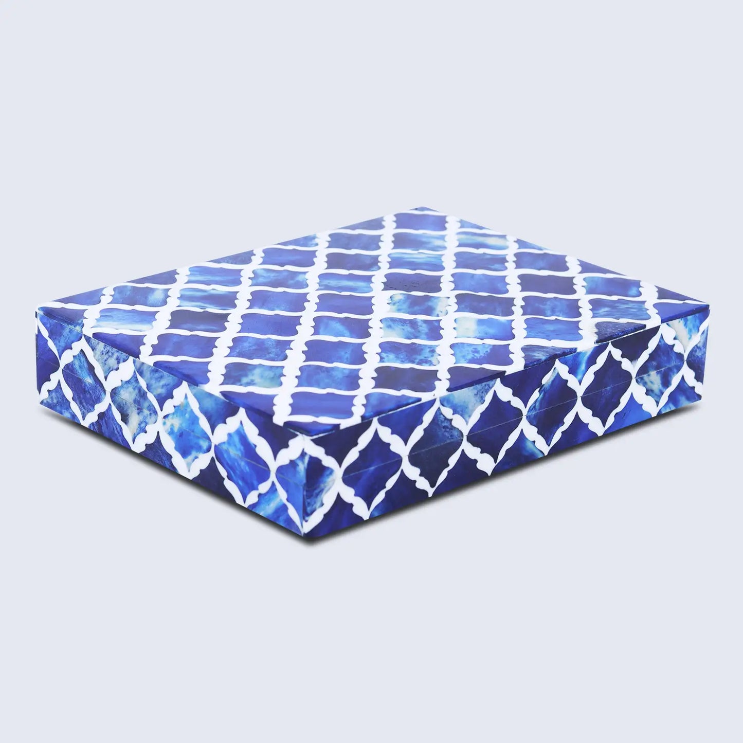 MOROCCAN BONE & RESIN INLAY DECORATIVE STORAGE BOX IN 7 SIZES, BLUE & WHITE