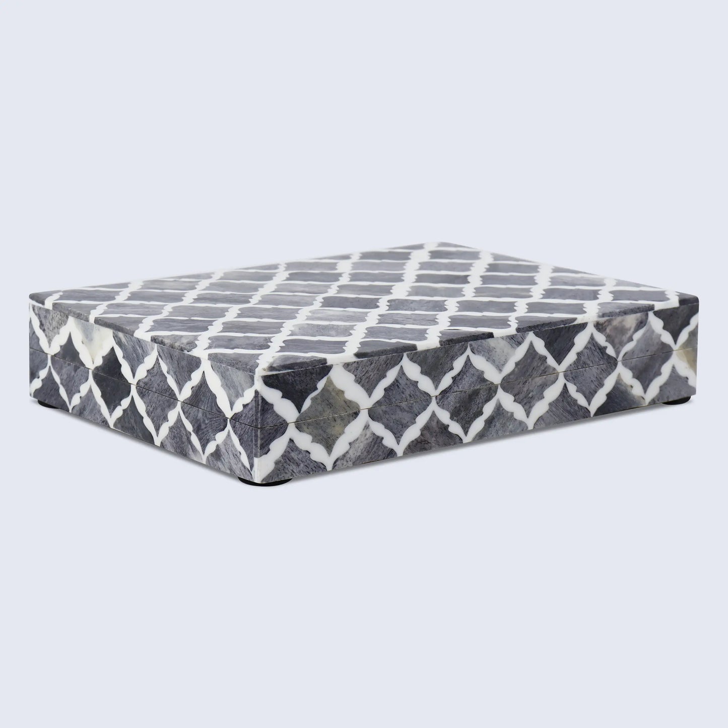 MOROCCAN BONE & RESIN INLAY DECORATIVE STORAGE BOX IN 7 SIZES, GREY & WHITE