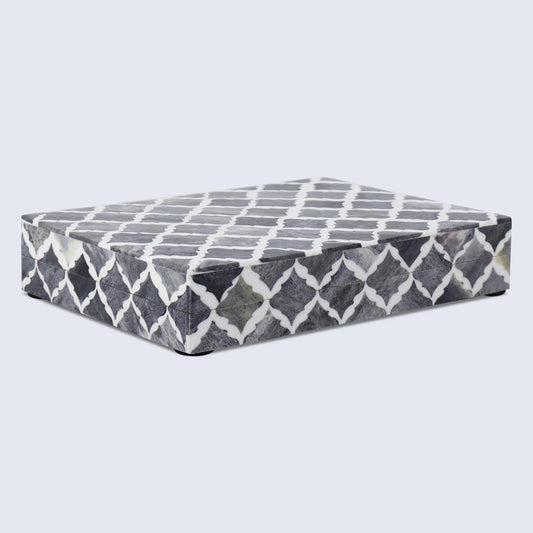 MOROCCAN BONE & RESIN INLAY DECORATIVE STORAGE BOX IN 7 SIZES, GREY & WHITE
