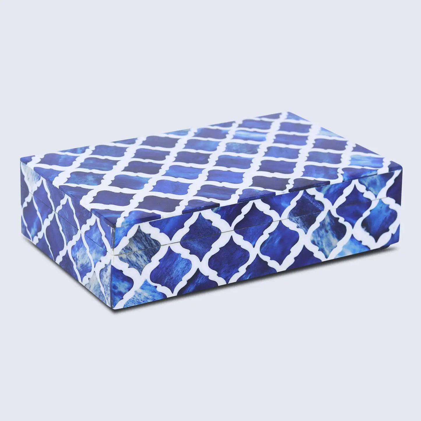 MOROCCAN BONE & RESIN INLAY DECORATIVE STORAGE BOX IN 7 SIZES, BLUE & WHITE