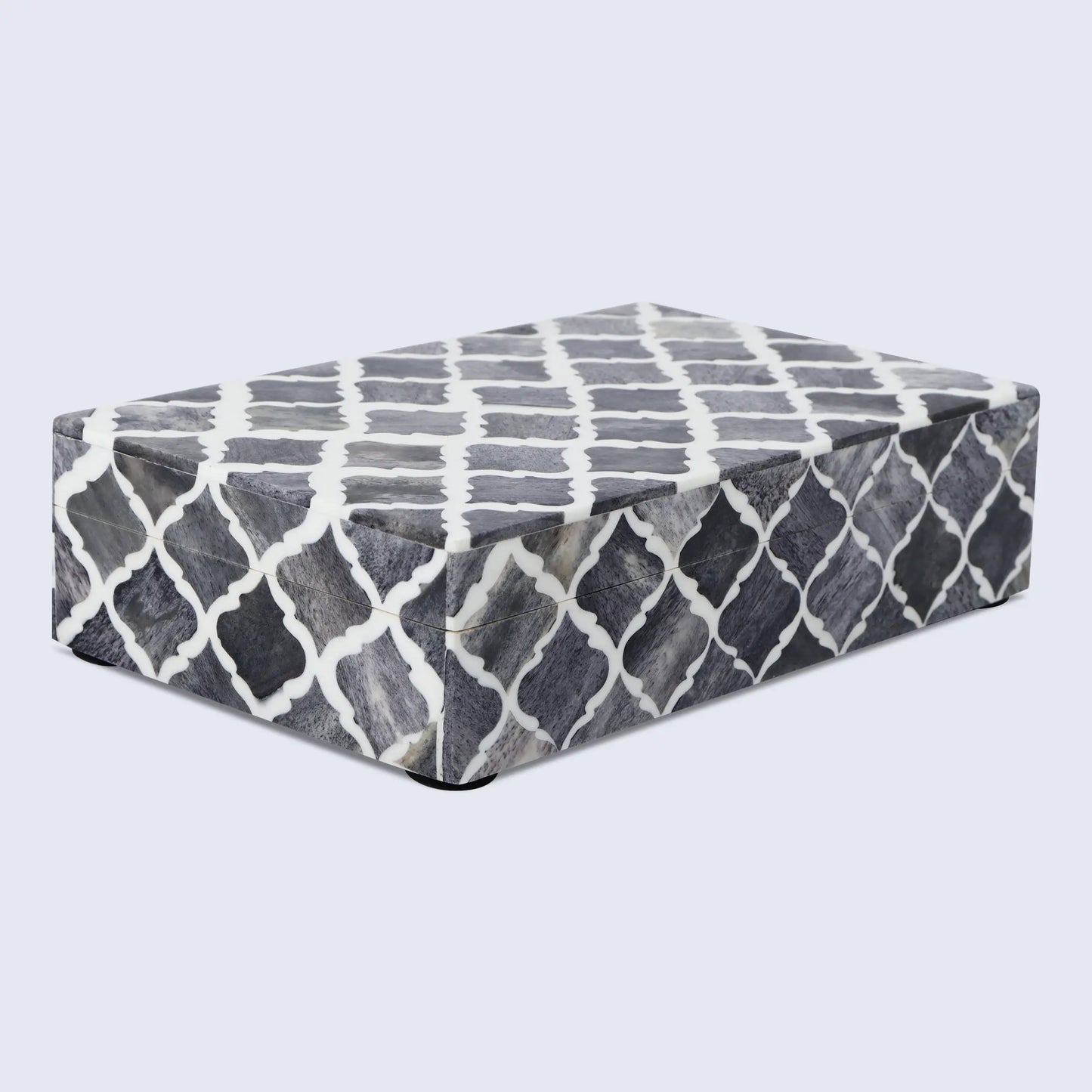MOROCCAN BONE & RESIN INLAY DECORATIVE STORAGE BOX IN 7 SIZES, GREY & WHITE