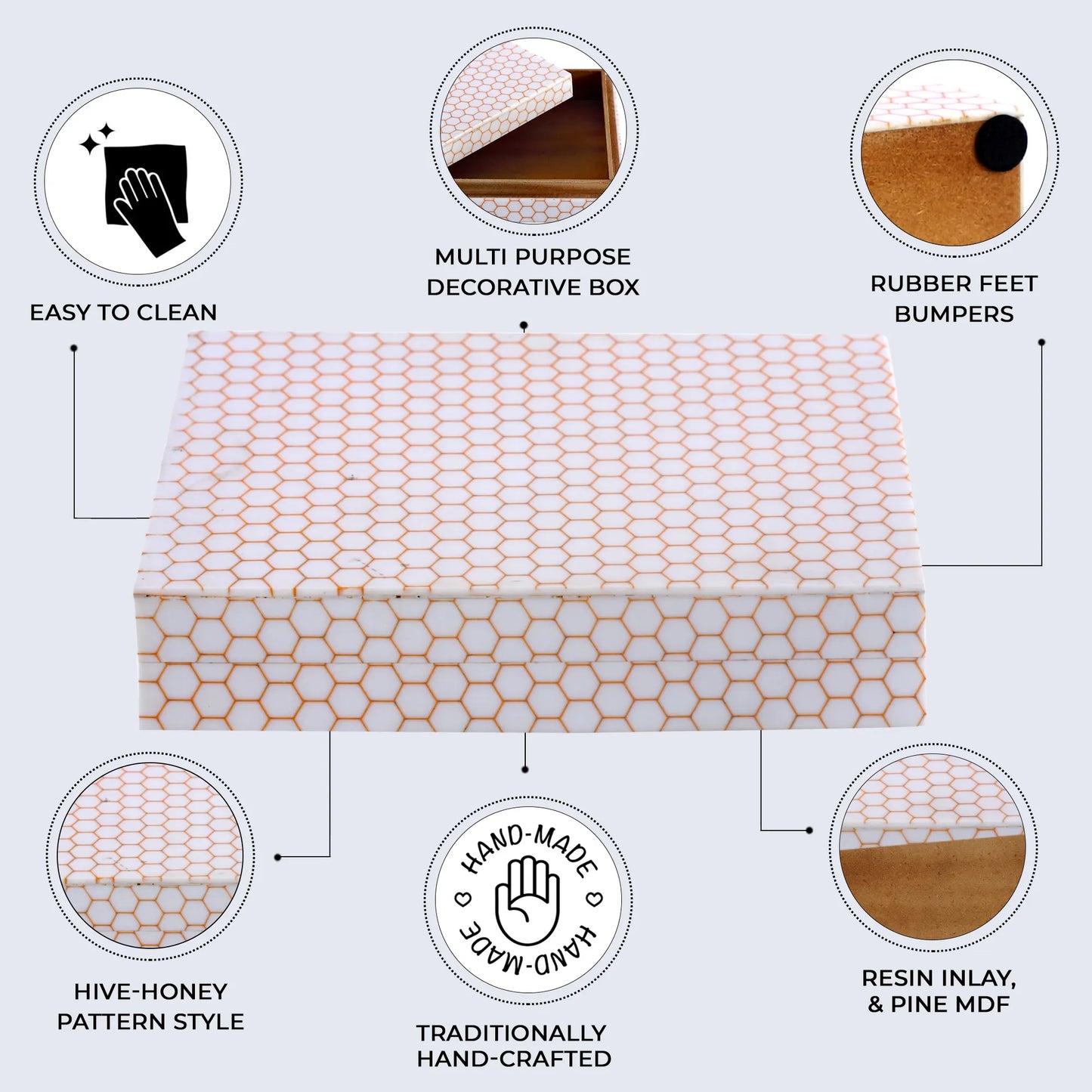 DECORATIVE STORAGE BOX HIVE HONEY RESIN INLAY 8 X 6 X 1.5 INCH