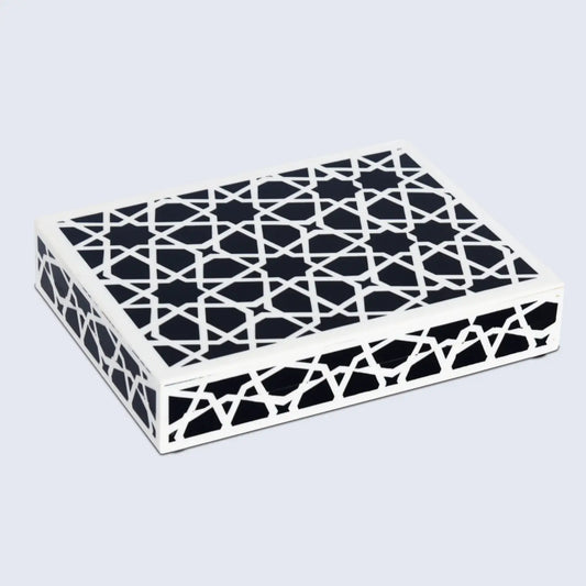DECORATIVE STORAGE BOX ZELLIJ RESIN INLAY IN 7 SIZES, BLACK & WHITE