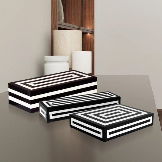 DECORATIVE BOXES MEDLEY CONCENTRIC PATTERN COMBO BONE INLAY COLLECTION, SET OF 3