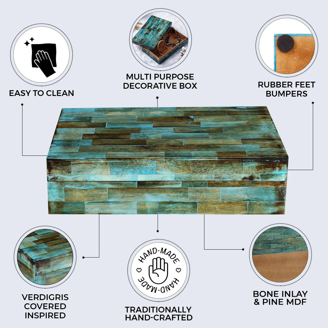 DECORATIVE STORAGE BOX VERDIGRIS BONE INLAY IN 7 SIZES