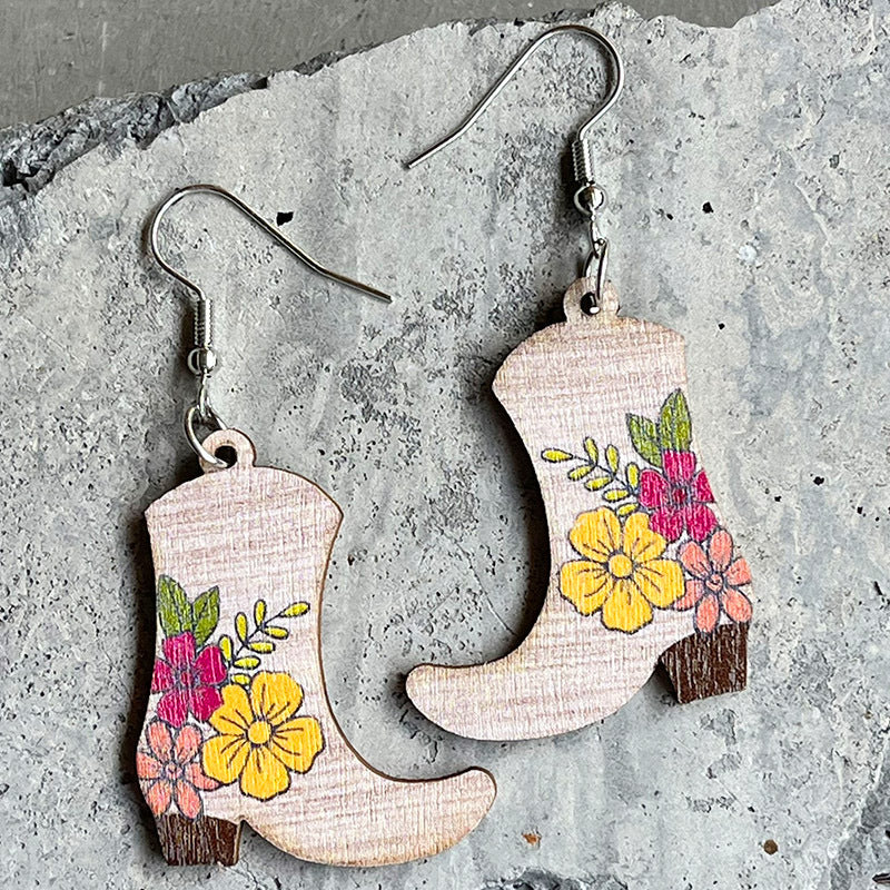 BOOTS SHAPE WOODEN DANGLE EARRINGS-Thriftique Marketplace