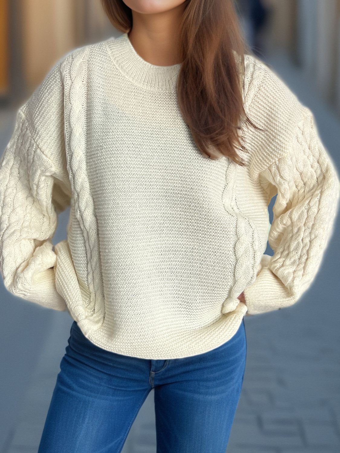 CABLE-KNIT ROUND NECK LONG SLEEVE SWEATER-Thriftique Marketplace