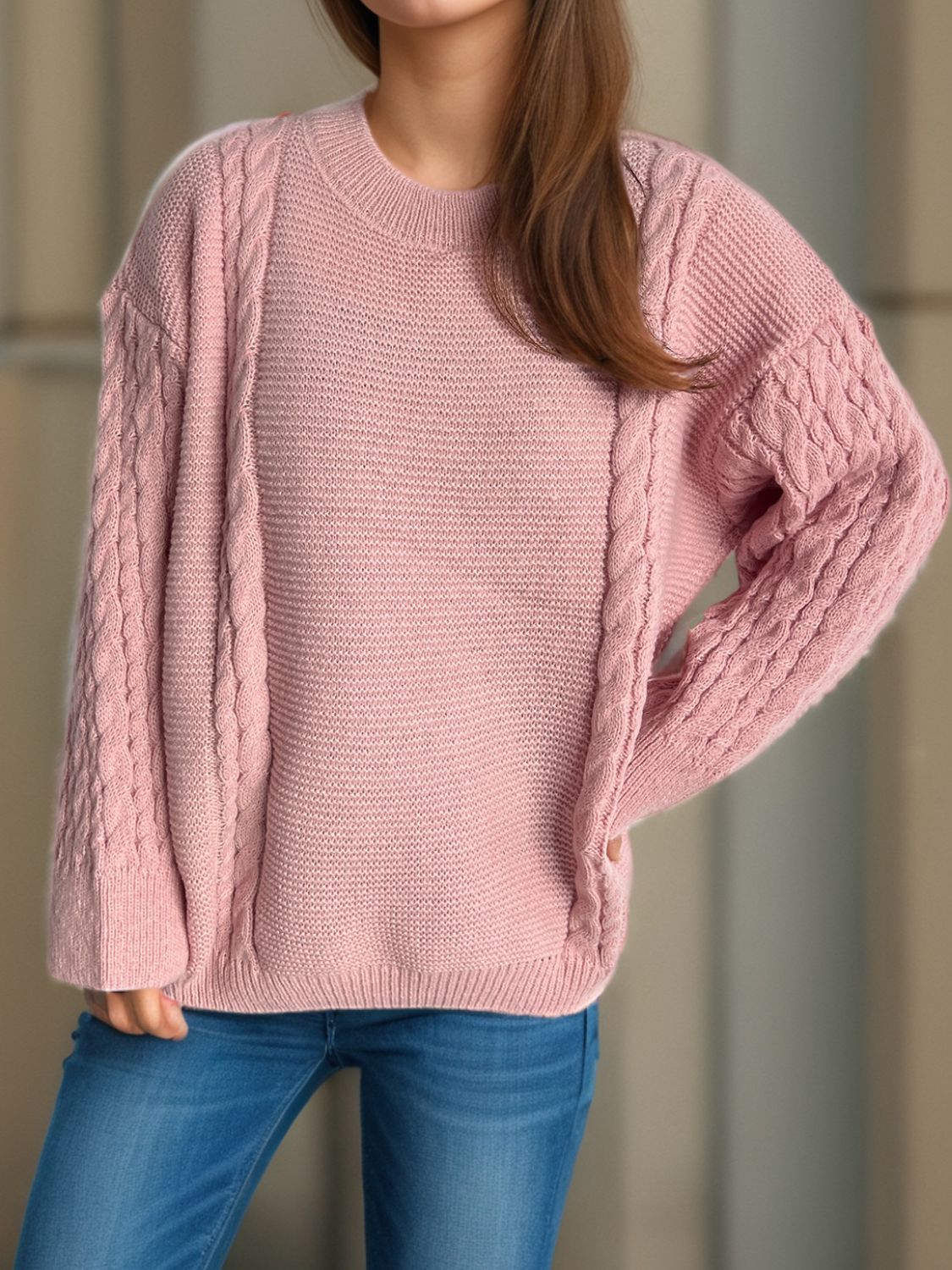 CABLE-KNIT ROUND NECK LONG SLEEVE SWEATER-Thriftique Marketplace