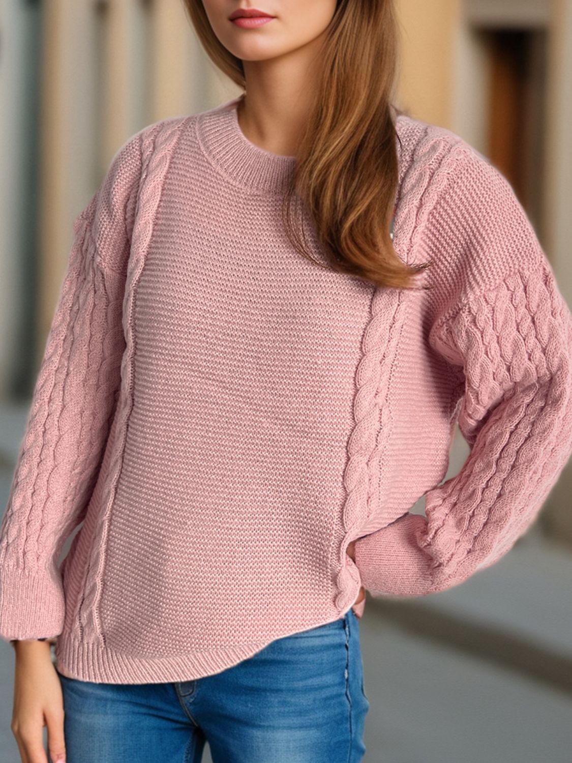 CABLE-KNIT ROUND NECK LONG SLEEVE SWEATER-Thriftique Marketplace