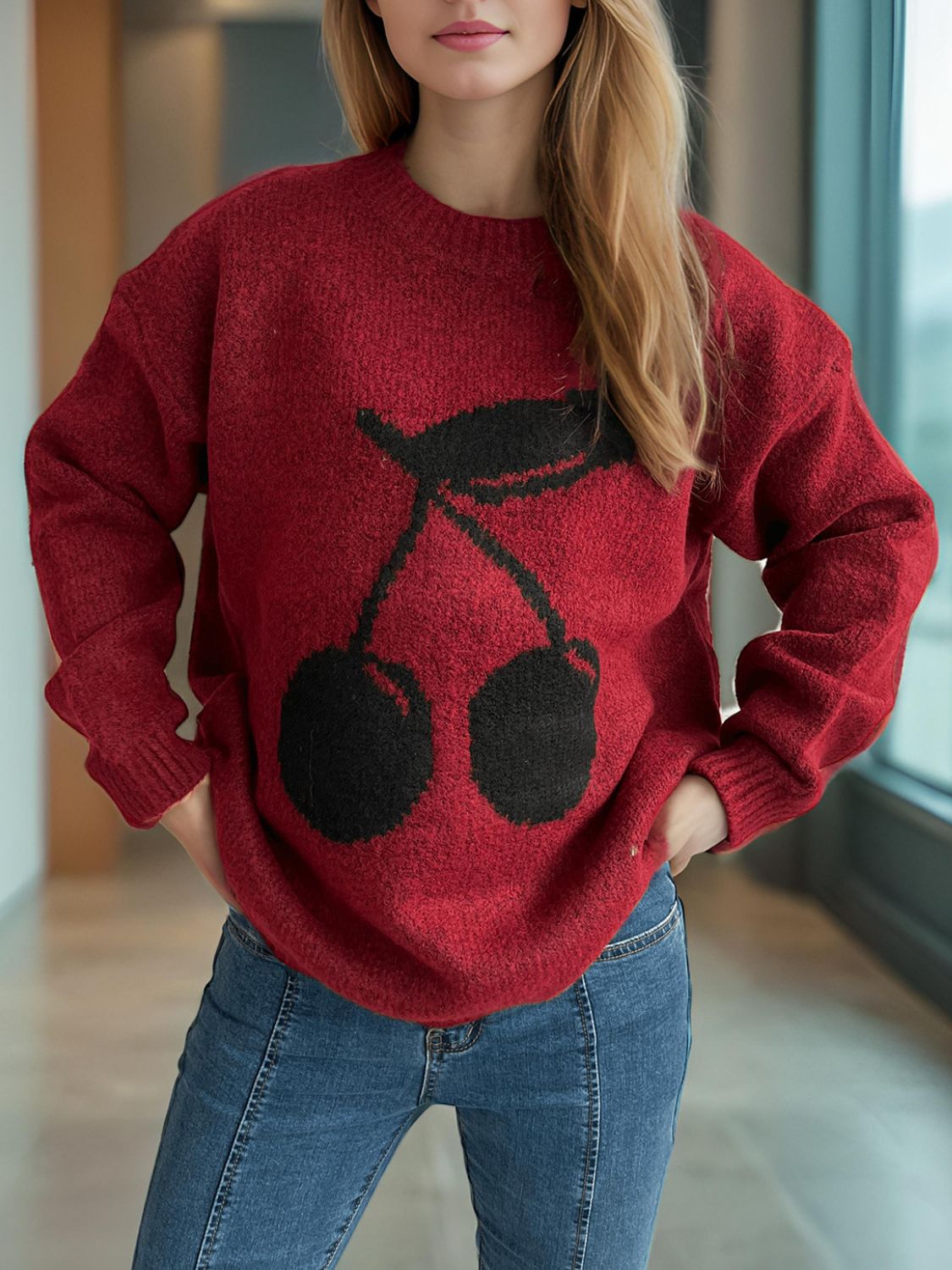 CHERRY ROUND NECK LONG SLEEVE SWEATER-Thriftique Marketplace