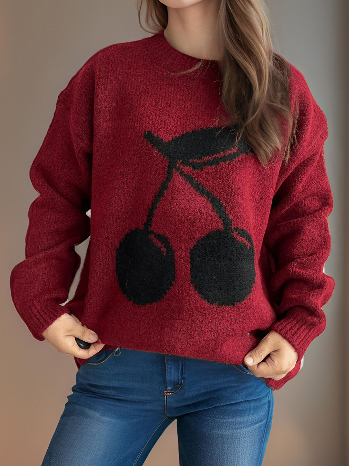 CHERRY ROUND NECK LONG SLEEVE SWEATER-Thriftique Marketplace