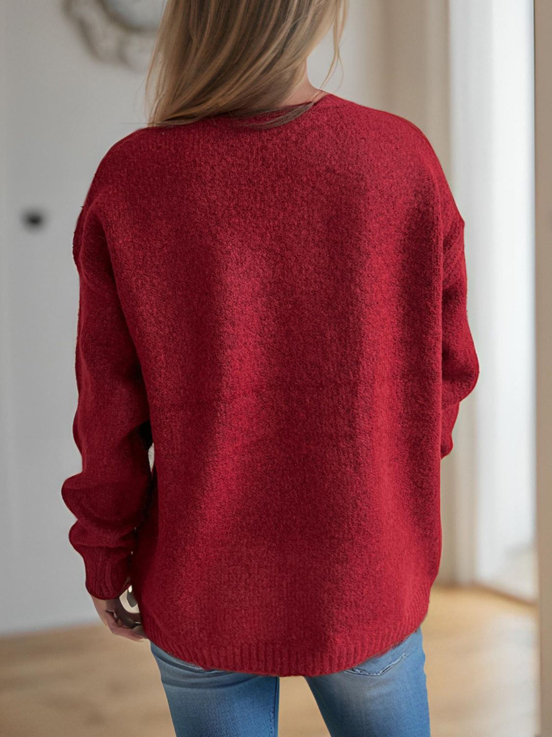 CHERRY ROUND NECK LONG SLEEVE SWEATER-Thriftique Marketplace