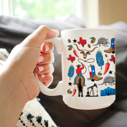 TEXAS PATTERN COFFEE MUG TEXAS GIFTS AND SOUVENIRS FOR TEXANS WHITE CERAMIC COFFEE CUP