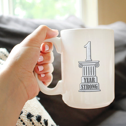 1 YEAR STRONG COFFEE MUG GIFTS 1ST ANNIVERSARY PARTY DECOR WHITE CERAMIC COFFEE CUP