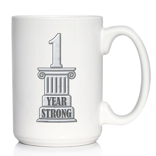 1 YEAR STRONG COFFEE MUG GIFTS 1ST ANNIVERSARY PARTY DECOR WHITE CERAMIC COFFEE CUP