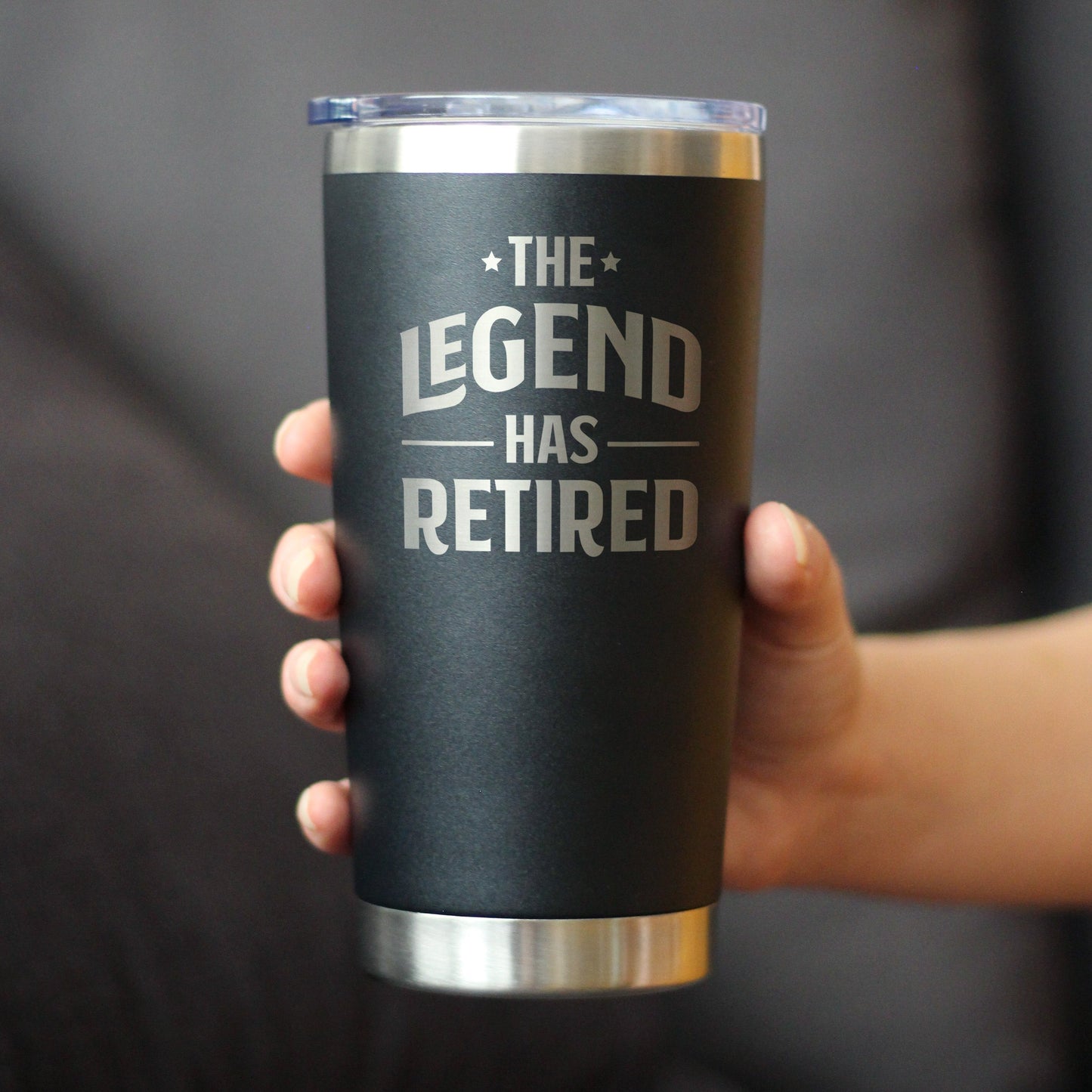 THE LEGEND HAS RETIRED - INSULATED COFFEE TUMBLER CUP WITH SLIDING LID - STAINLESS STEEL INSULATED MUG - FUNNY RETIREMENT GIFTS FOR BOSS OR COWORKERS