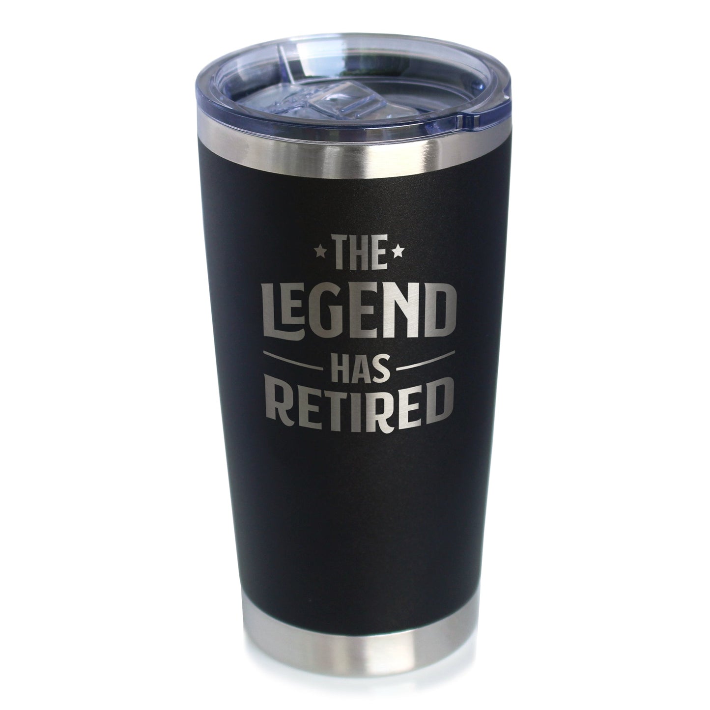 THE LEGEND HAS RETIRED - INSULATED COFFEE TUMBLER CUP WITH SLIDING LID - STAINLESS STEEL INSULATED MUG - FUNNY RETIREMENT GIFTS FOR BOSS OR COWORKERS