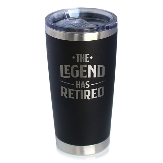 THE LEGEND HAS RETIRED - INSULATED COFFEE TUMBLER CUP WITH SLIDING LID - STAINLESS STEEL INSULATED MUG - FUNNY RETIREMENT GIFTS FOR BOSS OR COWORKERS