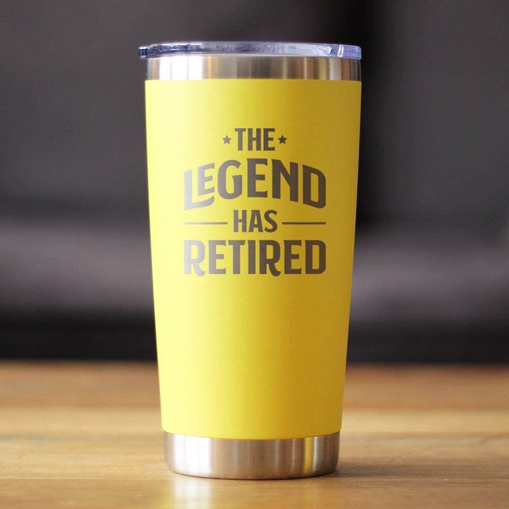 THE LEGEND HAS RETIRED - INSULATED COFFEE TUMBLER CUP WITH SLIDING LID - STAINLESS STEEL INSULATED MUG - FUNNY RETIREMENT GIFTS FOR BOSS OR COWORKERS
