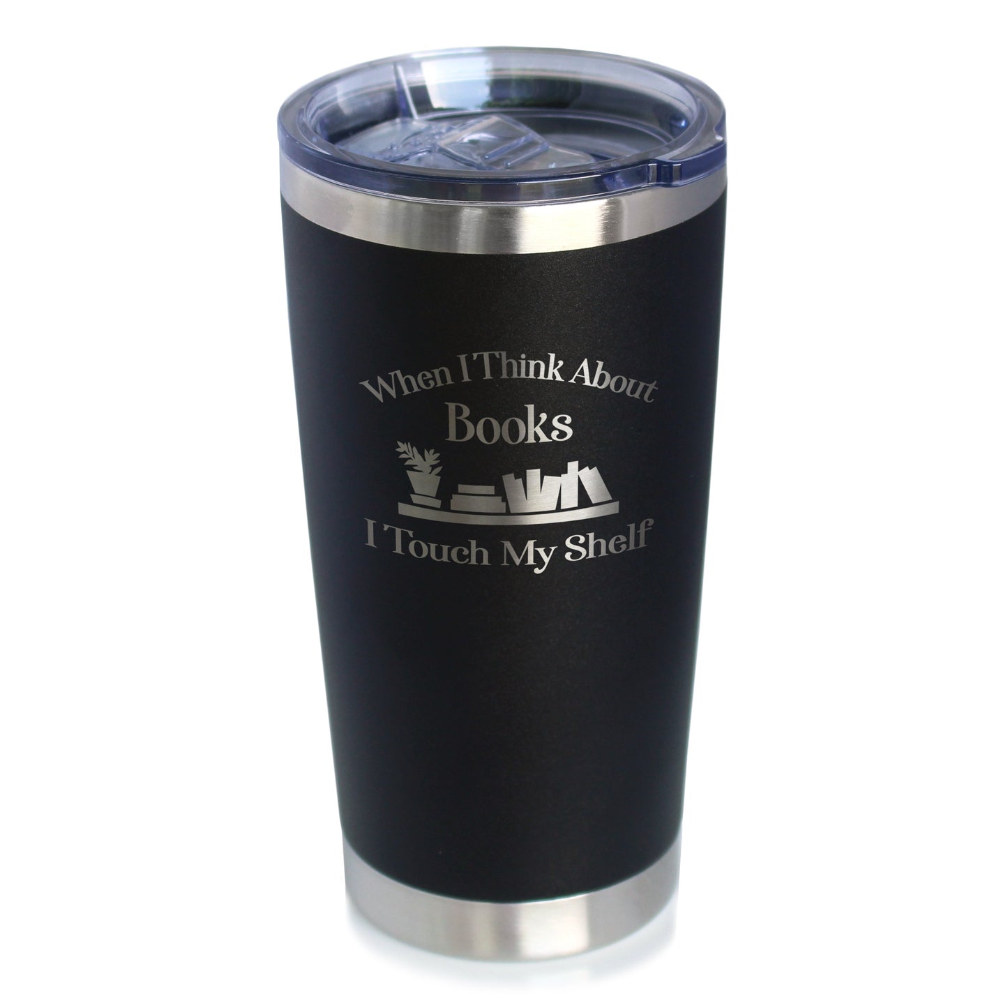 TOUCH MY SHELF - INSULATED COFFEE TUMBLER CUP WITH SLIDING LID - STAINLESS STEEL INSULATED MUG - FUNNY OUTDOOR CAMPING MUG FOR LOVERS OF BOOKS AND READERS